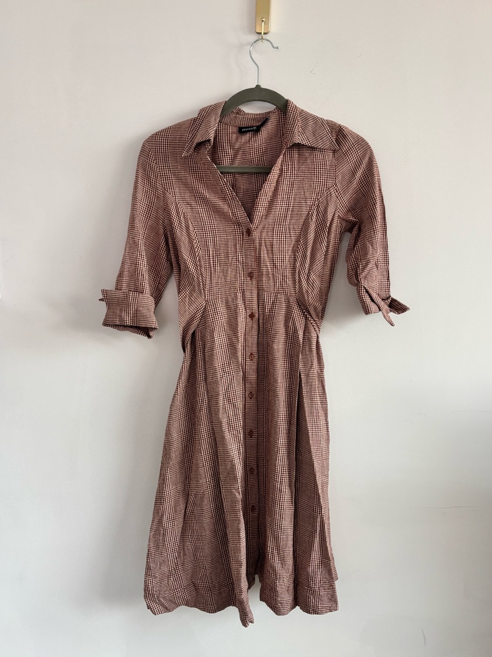 Only- Cute & Casual- Brown & White Plaid Midi Rustic Shirt Dress- Size Small